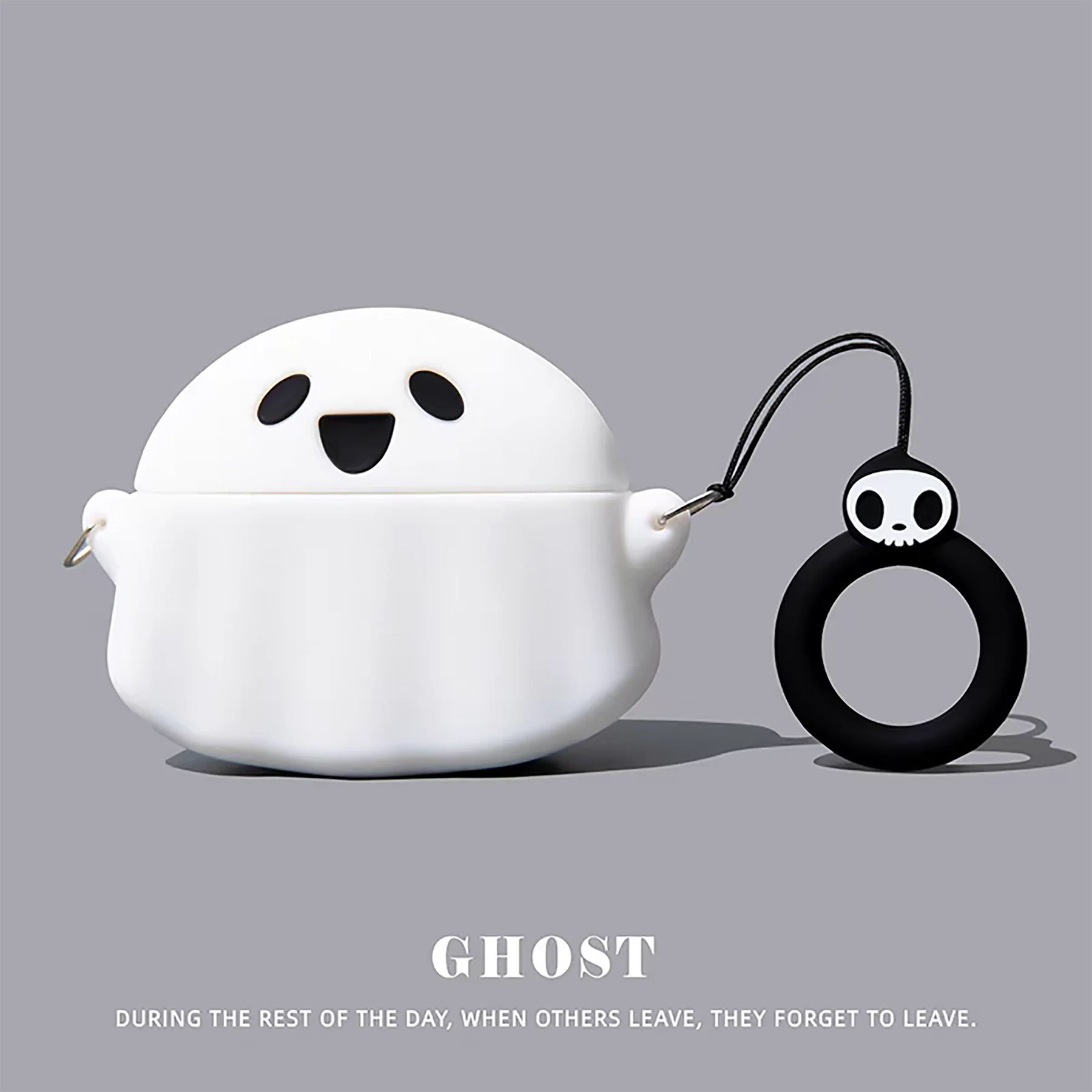 黒と白のゴースト + ストラップ Apple 用 Airpodspro2 ケース/Airpodspro ケース/Airpods4 ケース/Airpods3 ケース/ファッションイヤホンケース/シンプルなイヤホンケース