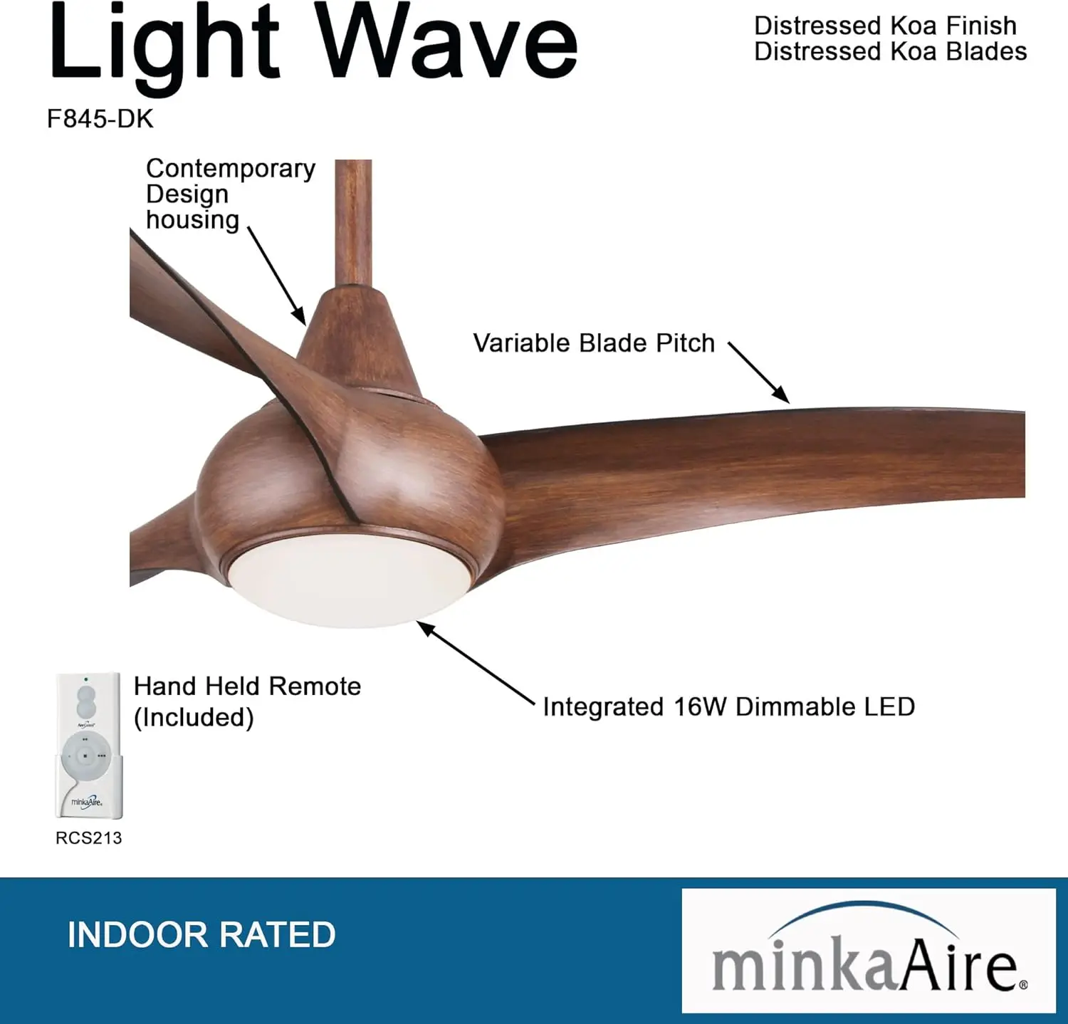 Light Wave 44 inch Ceiling Fan with LED Light and Remote Control, Brown Distressed Koa Finish