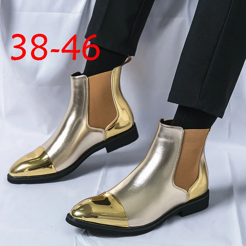 

Золотые ботинки челси для мужчин, модная обувь для вечеринок, повседневная деловая обувь на плоской подошве, офисные мужские модельные ботинки для отдыха, удобная обувь