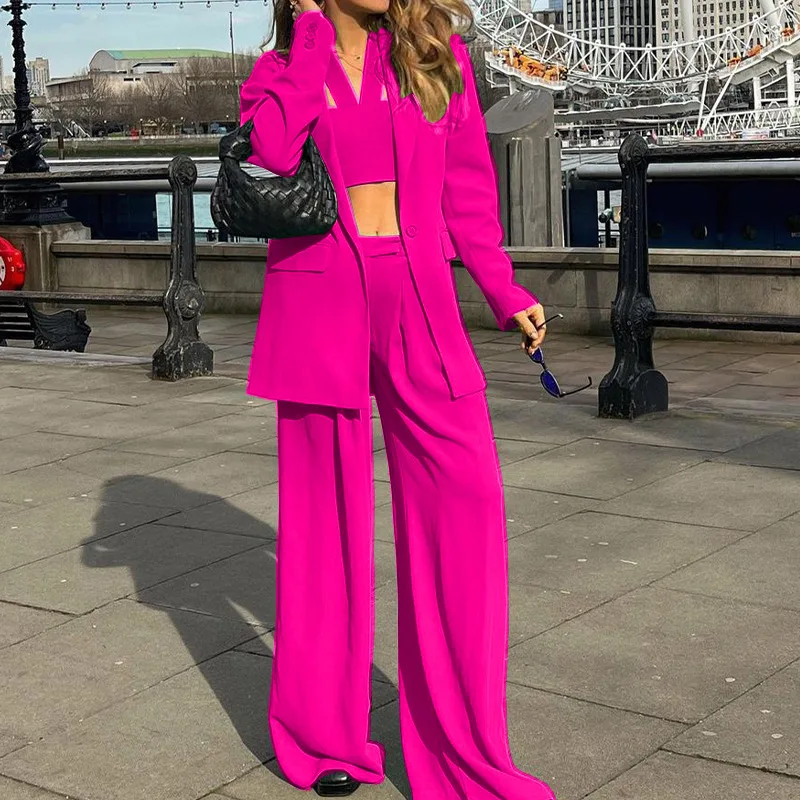 BAMBOOBOY Streetwear Women Three-piece Suit Sets Fashion Suit Jacket Blazers Coat+Vests+Wide Leg Trousers Autumn 3-piece Sets