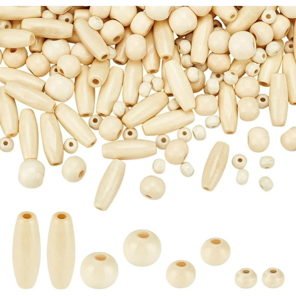 480개 4가지 스타일 나무 구슬 목공예 구슬 6~23mm 쌀알 모양 원형 나무 스페이서 구슬 마크라메 헤어 공예용