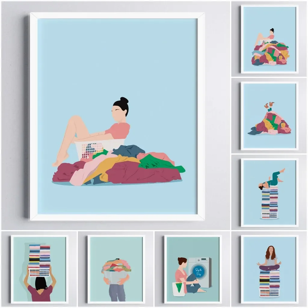 Pastel Colors Art Print Laundry Day Diamond Painting Floating on Clothe Funny Poster Pictures Bedroom Bathroom Home Decor