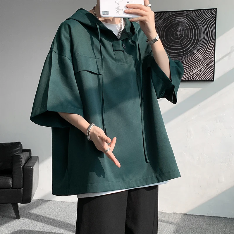 5 Colors Summer Hooded T shirt Men Korean Half Sleeve Pullover Streetwear Loose T-shirt Tops Drawstring Men Clothing