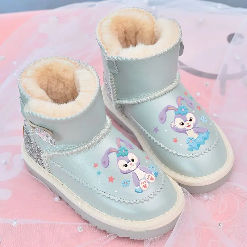 Disney Girls\' Snow Boots Genuine Leather StellaLou Cartoon Waterproof Winter Children\'s Shoes Baby Girls\' Thickened Ankle Boots