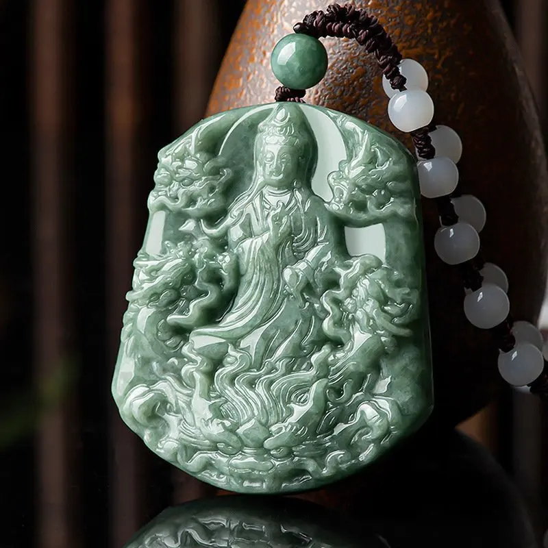 Real Natural Grade A Jade Jadeite Men Women Gift Carved Dragon Guanyin Oblong Pendant