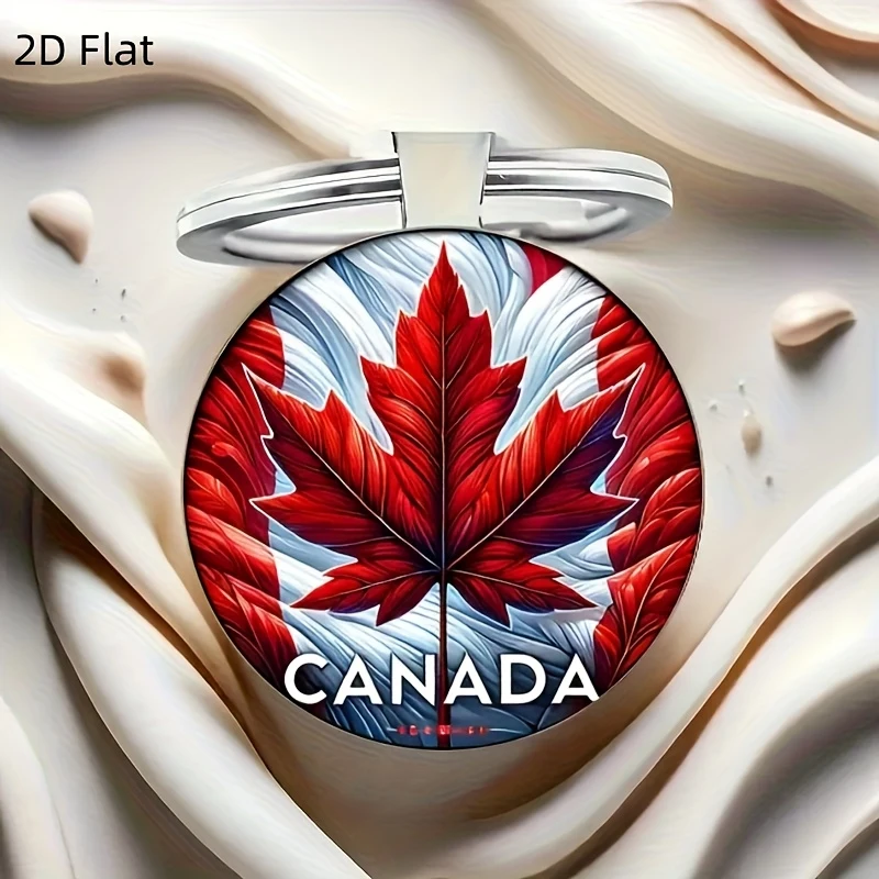 2D Flat Red, White, And Blue Flowing Between Maple Leaf Veins Canadian Maple Leaf Pattern Round Glass Pendant