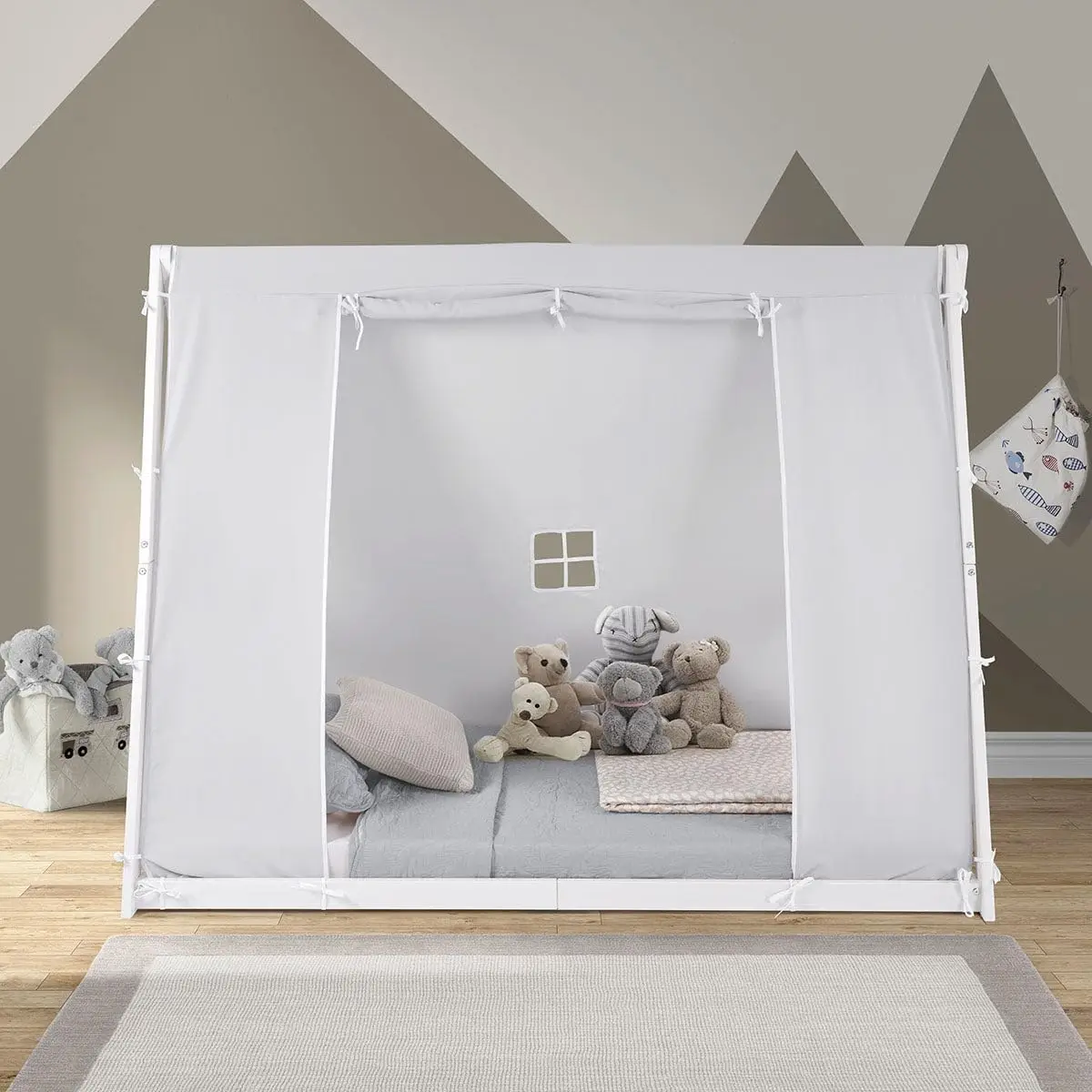 New Tent Twin Floor Bed - Natural or White Frame, Grey Tent, Children’s Bedroom Furniture … (White Frame)