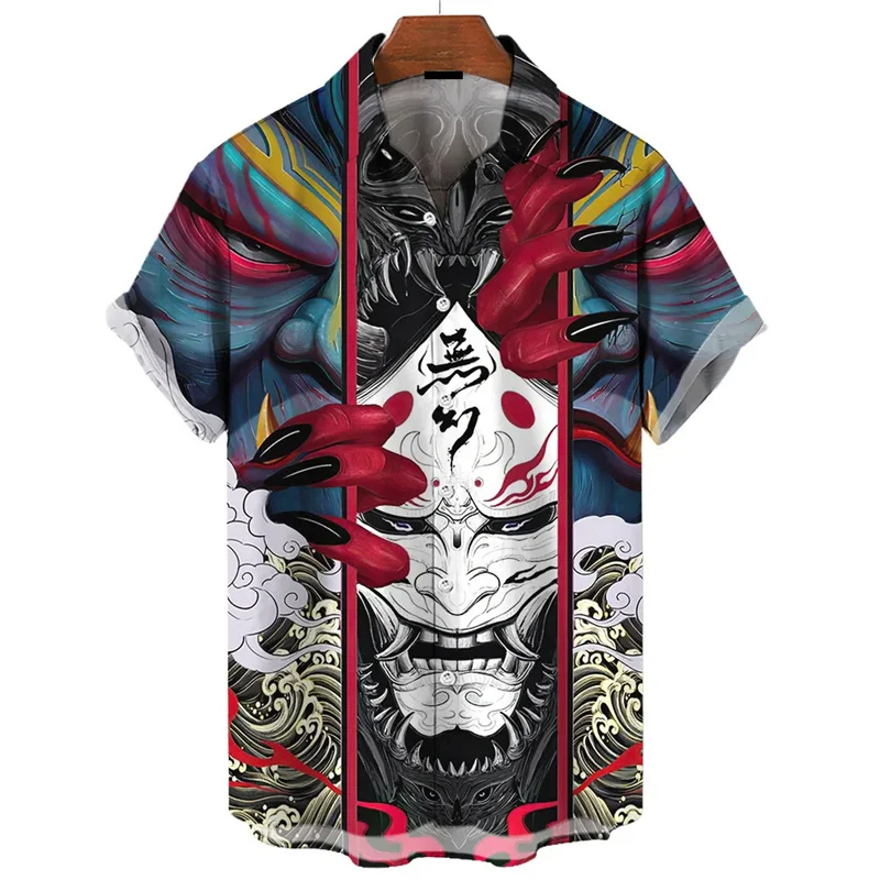 Fashion 3d Warrior Mask Printed Shirts Men Horror Samurai Pattern Street Beach Party Short Sleeved Loose Oversized Shirt Tops