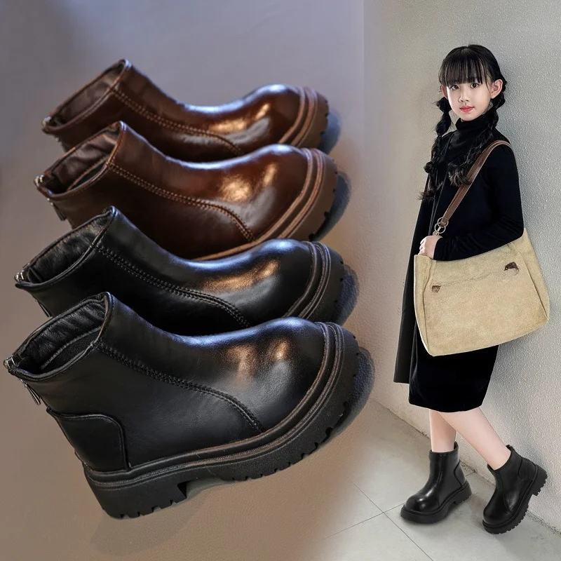 

Модные ботинки для девочек, осенне-зимние детские новые туфли на мягкой подошве для маленьких детей, черно-коричневая обувь, размер 26-36