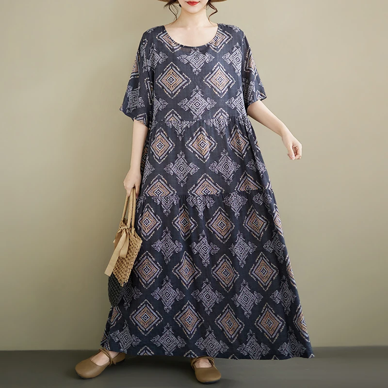 

Богемное повседневное летнее платье свободного кроя с круглым вырезом, коротким рукавом, завышенной талией, А-силуэта, миди, для женщин среднего возраста