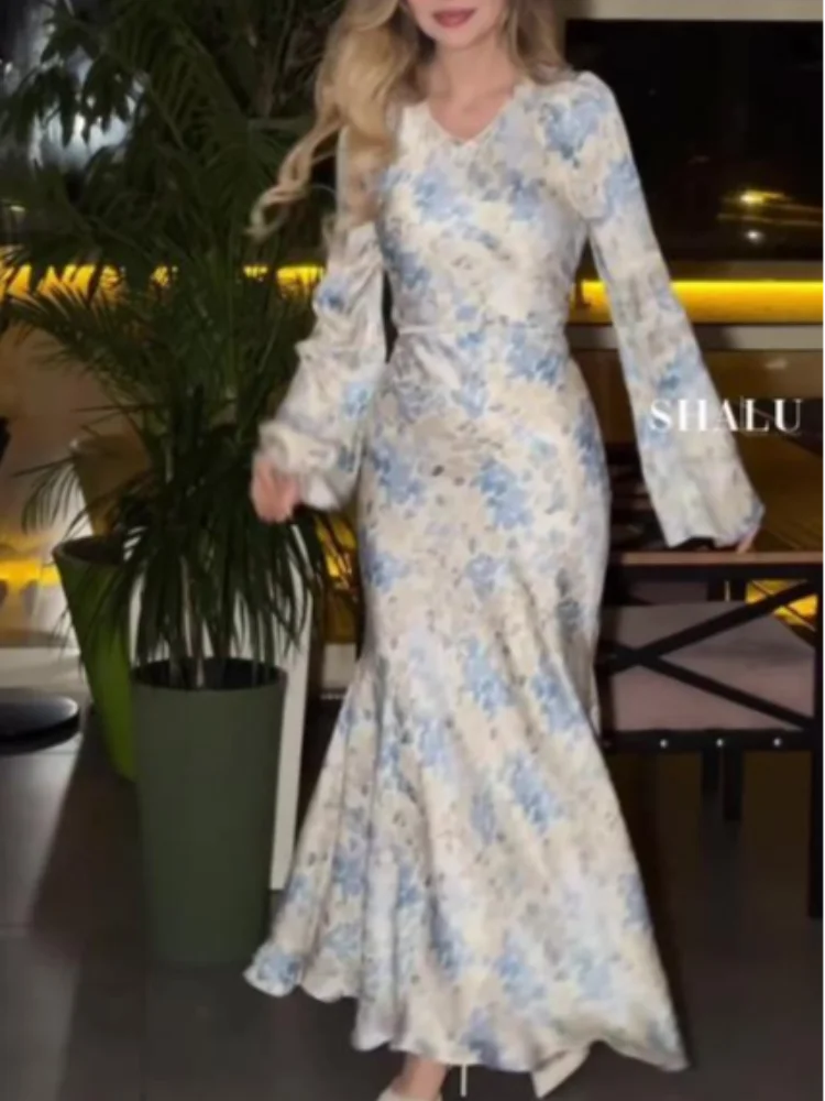 

Fashion Women Beige Blue Floral Satin Corset Maxi Dress V Neck Long Flare Sleeve Mermaid Hem Robe Summer Lady Evening Outfits