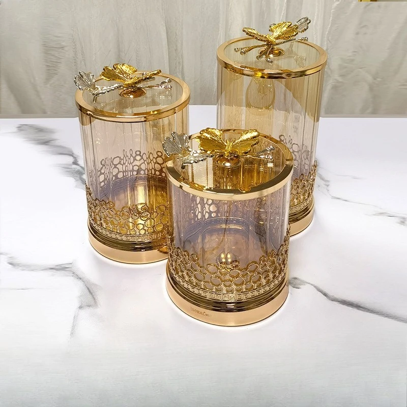 

Золотая стеклянная банка для хранения, французская легкая роскошная прозрачная бутылка для конфет с крышкой, бытовой ватный тампон, украшение шкатулки для драгоценностей