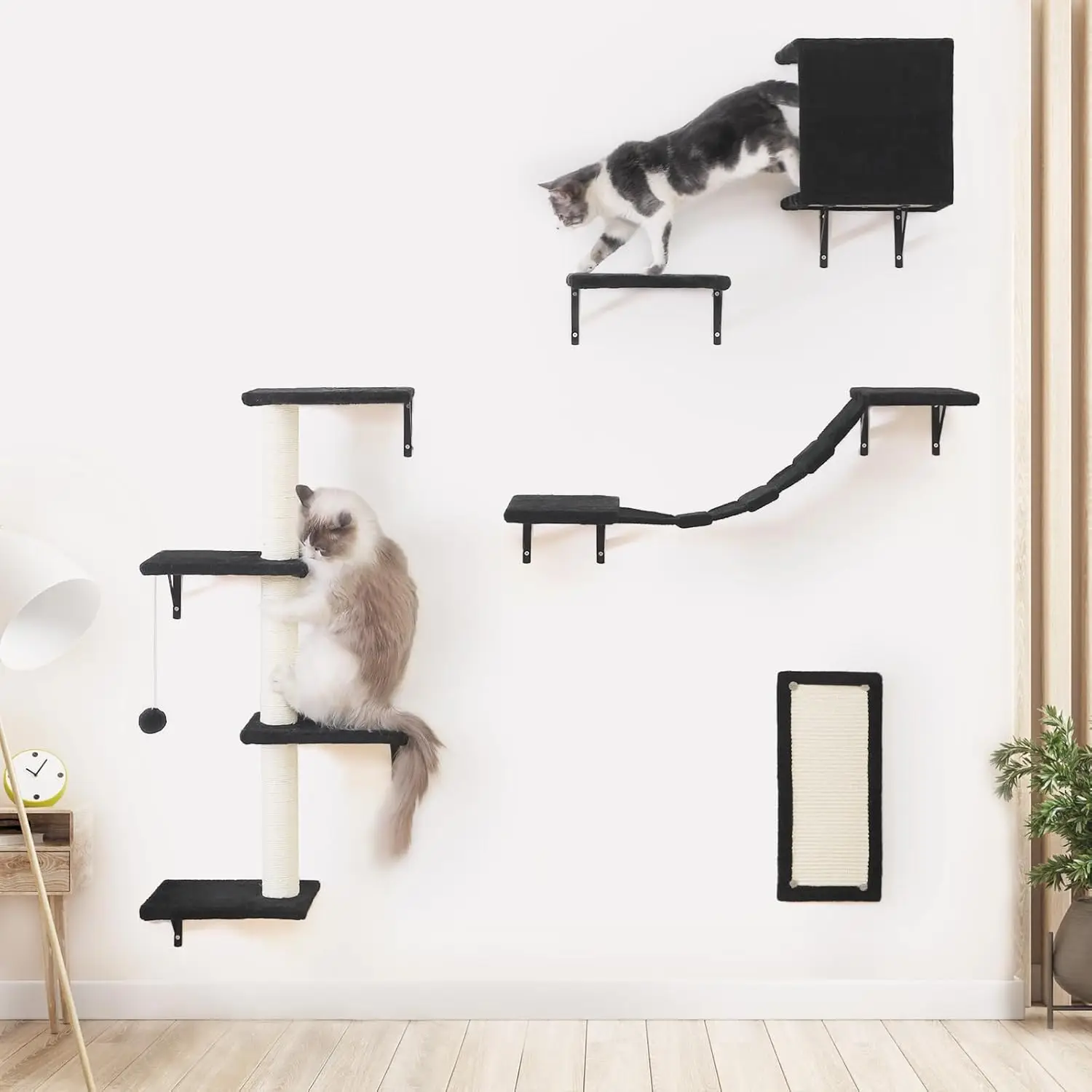 

Wall-Mounted Cat Shelves Set - 5pcs Wooden Climber with House, Bridge, Tree, Steps, and Scratcher in Black