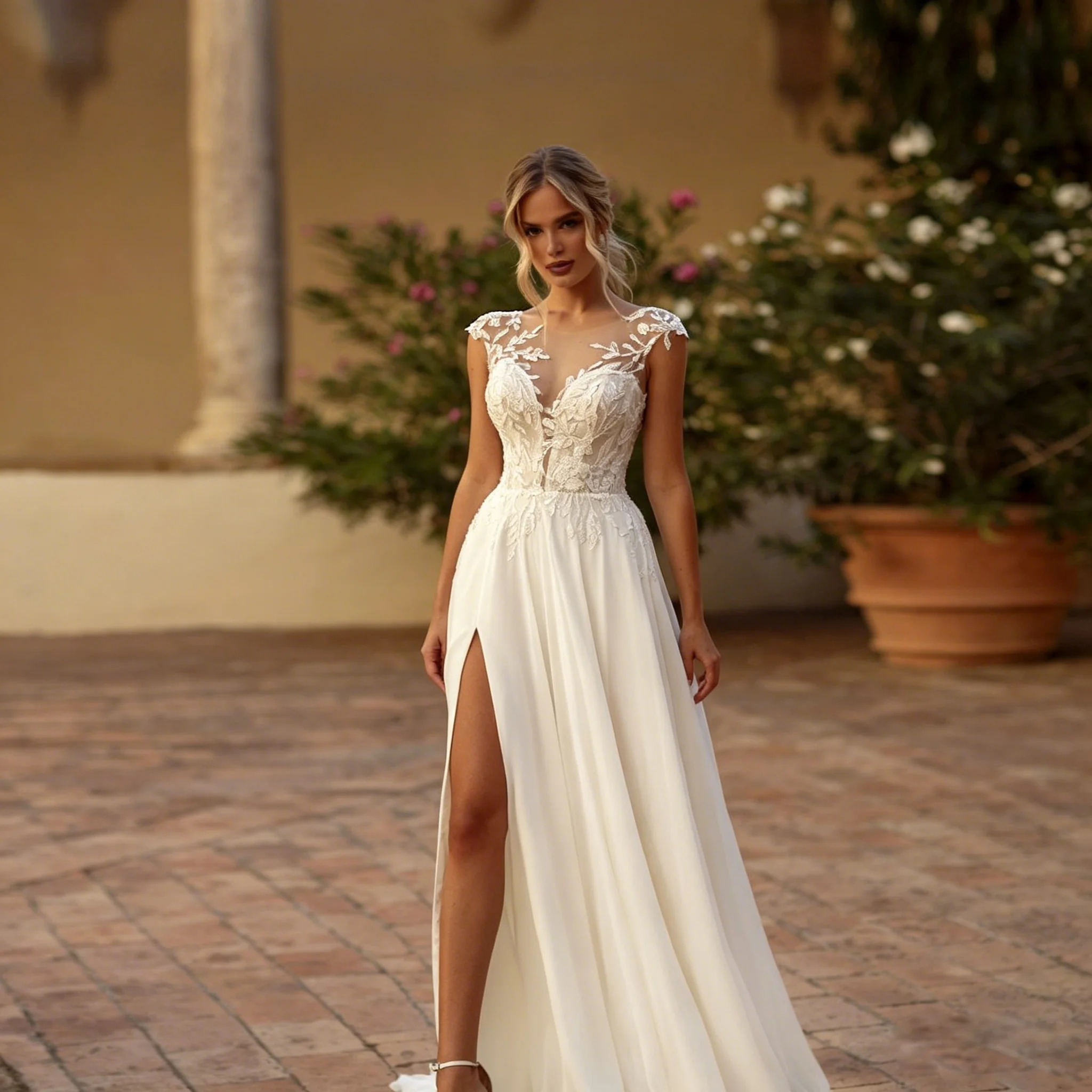 A Line Wedding Dress Cap Sleeve Sheer V Neck Leaf Lace Chiffon Side Split Pearl Button Back Sweep Train Custom Bridal Dress