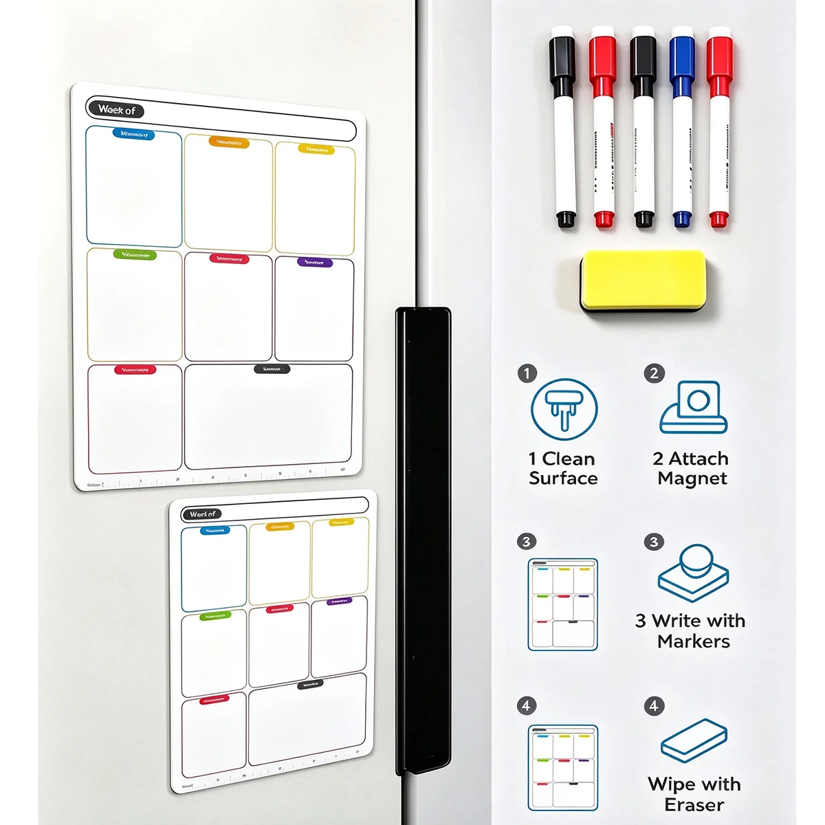 Magnetic Weekly Planner Fridge Set, Large & Small Reusable Dry Erase Weekly Memo Boards, Multi-purpose Fridge Magnetic Task Cha
