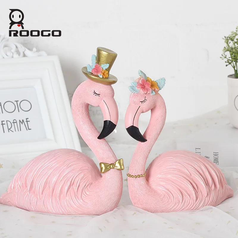 Roogo Wedding Decoration Accessories Flamingo Resin Handicraft Home Ornaments Figurines Living Room Decor For Kids Birthday Gift