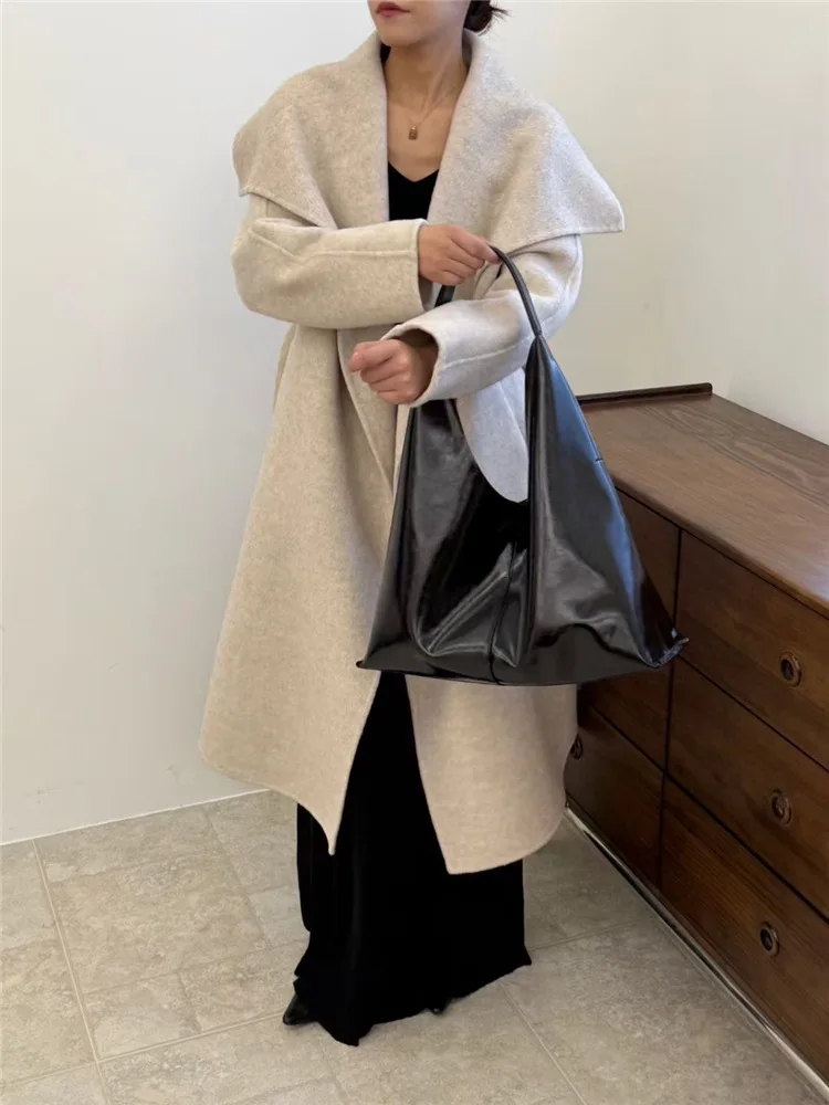 Turn Down Collar Double Wool Side Long Trench Wool Coat Women Fashion Thick Loose Winter Jacket 2025 Korean Coat Suit for Women