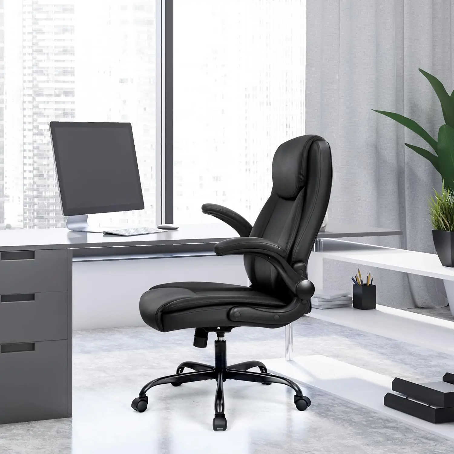 Ergonomic Office Chair PU Leather Executive Chair Padded Flip Up Armrest Computer Chair Adjustable Height High Back Lumbar