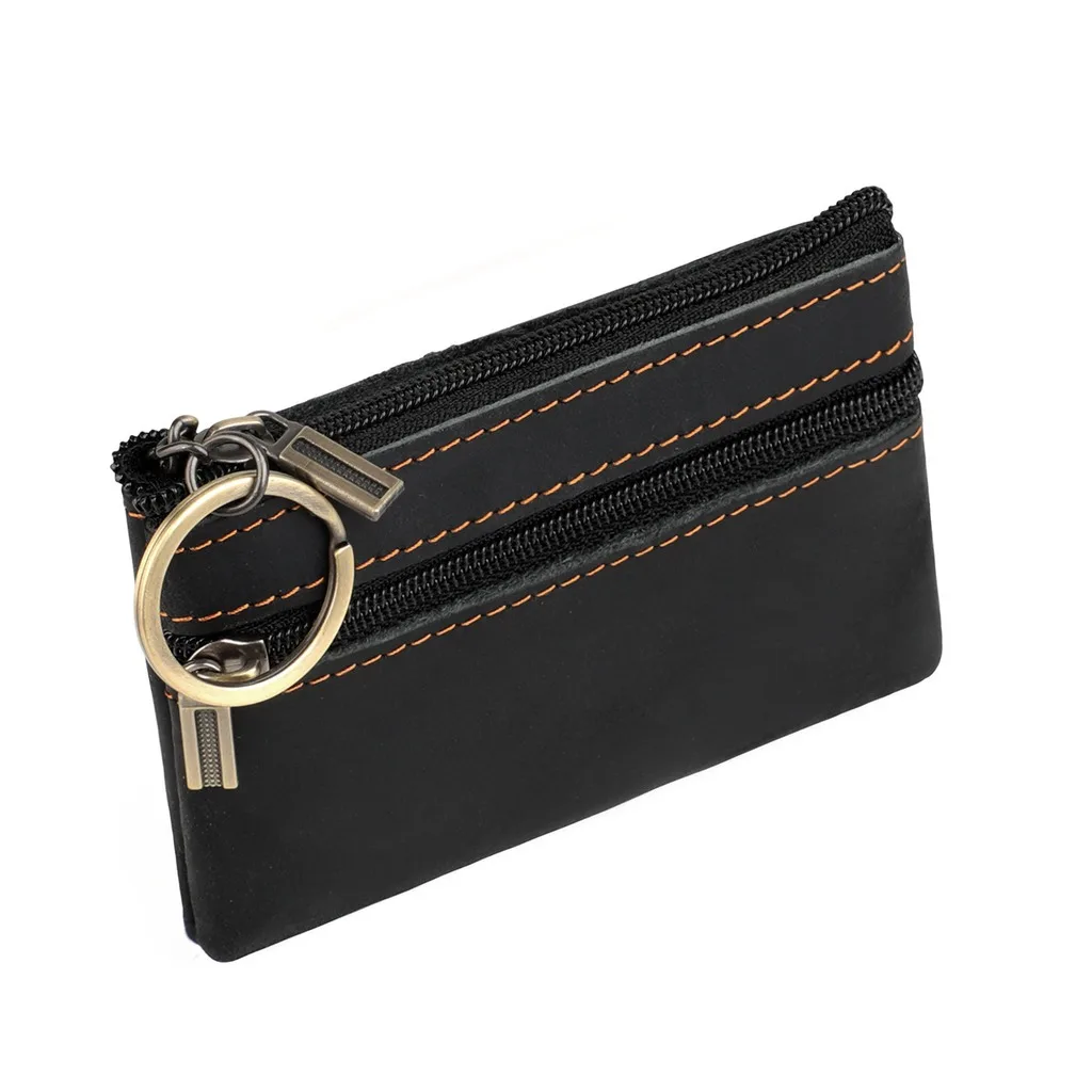 Card Key Holder Double Compartment Top Grain Leather Coin Purse Double Compartment Coin Purse Portable Key Holder Wallet