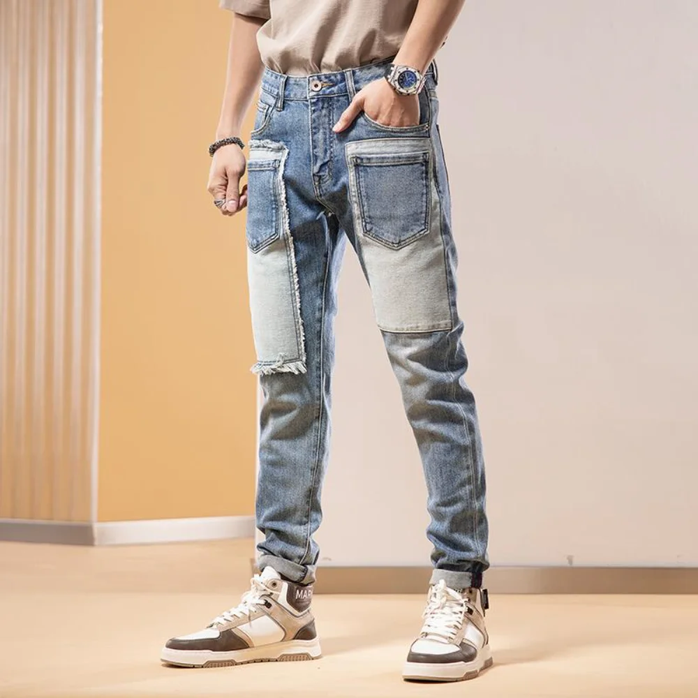 Men Jeans y2k Patchwork Multi-Pocket Denim Pant men clothing cargo pants High Street Casual trousers Male pantalones hombre