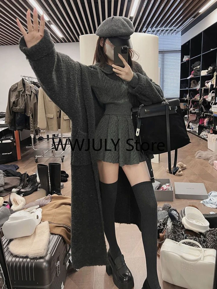 2023 Autumn Preppy Style Knitted Clothing Suit Woman Slim Kawaii Swearter Tops Casual Y2k Mini Skirt Woman Fashion 2 Piece Set