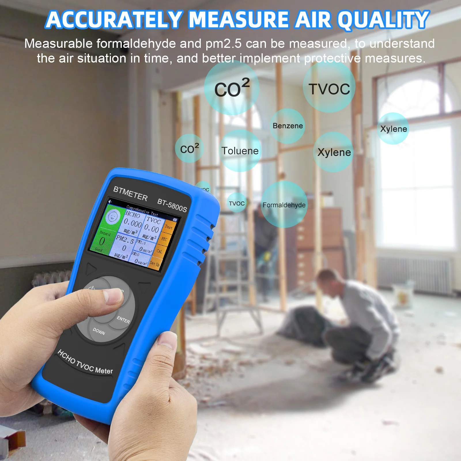 BT-5800S 3 in 1 Air Quality Monitor, Formaldehyde Detector to Test PM2.5, PM10, HCHO, TVOC, USB Rechargeable for Indoor, Outdoor