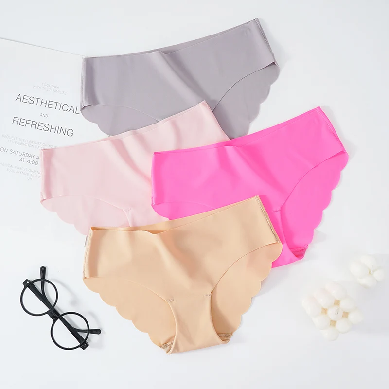 5Pcs/Set Seamless Ice Silk Panties For Women Intimate Comfort Briefs Large Size 2XL Solid Color Wave Underpants Female Lingere