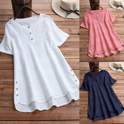 Casual Solid Women's T-shirt Summer Round Neck Embroidery Hollow Out Short Sleeve Button Ladies Blouse Tops Female Loose Clothes