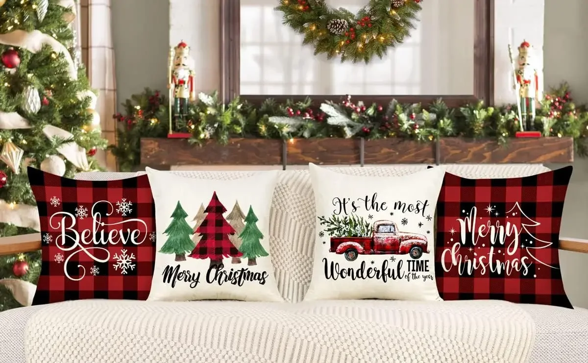 Buffalo Check Christmas Cushion Cover Red Black Farmhouse Christmas Decorations Winter Holiday Decor Throw Cushion Case for Home