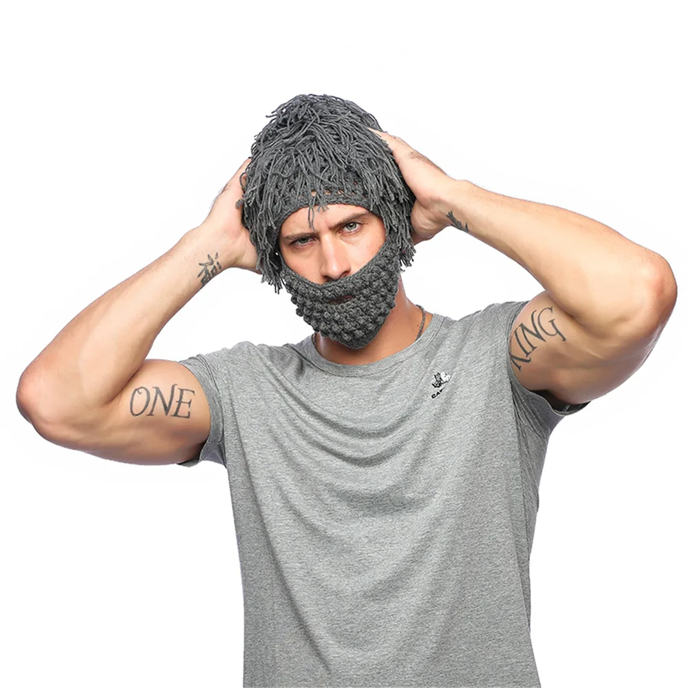 2020 New Winter Men Handmade Wig Beard Hats Crochet Mustache Knit Halloween Party Funny Caps Face Tassel Bicycle Mask Warm Hat