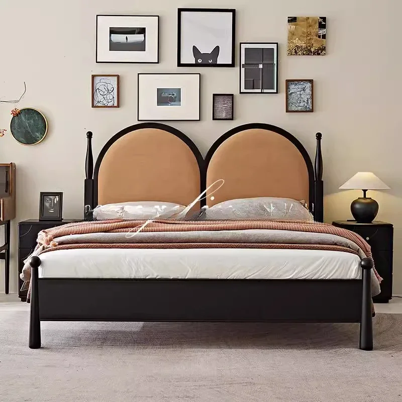 Cama retro americana de madera maciza, dormitorio principal negro, respaldo alto, bolsa suave