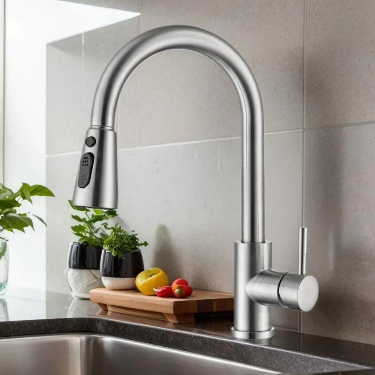 صنابير المطبخ مع فوهات قابلة للسحب، 360 درجة °   صنابير خلاط حوض المطبخ الدوارة، وصنابير خلاط المطبخ مع 3 أنماط للرش