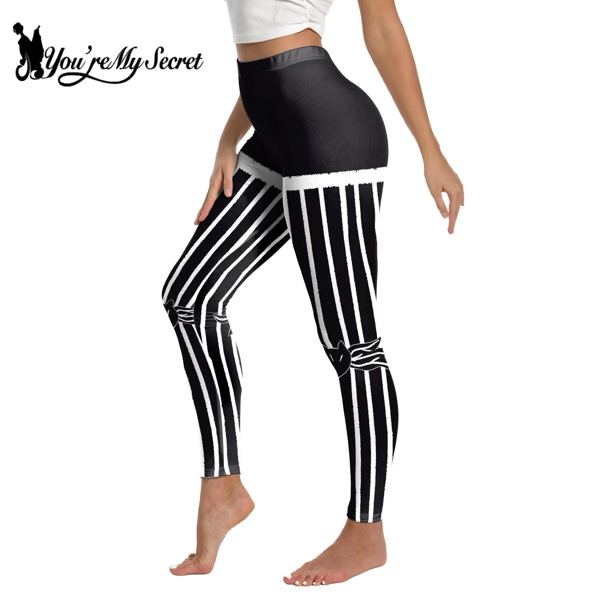 [You\'re My Secret] Woman Leggings Black & White Texture Pants Stripe print Elastic Spandex Legging Fashion Women Stretch Trouser