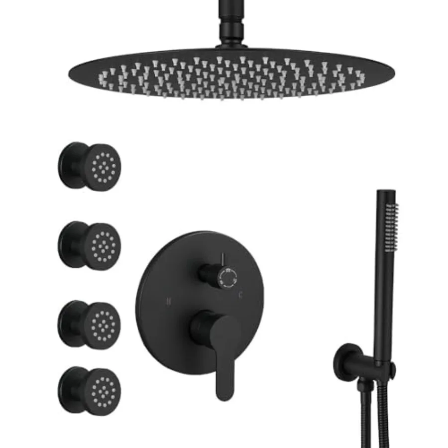 

Matte Black Round Shower Faucet Set with Body Jets 10 Inch Shower Head Handheld Shower Combo Set High Pressure Ceiling Mount wi