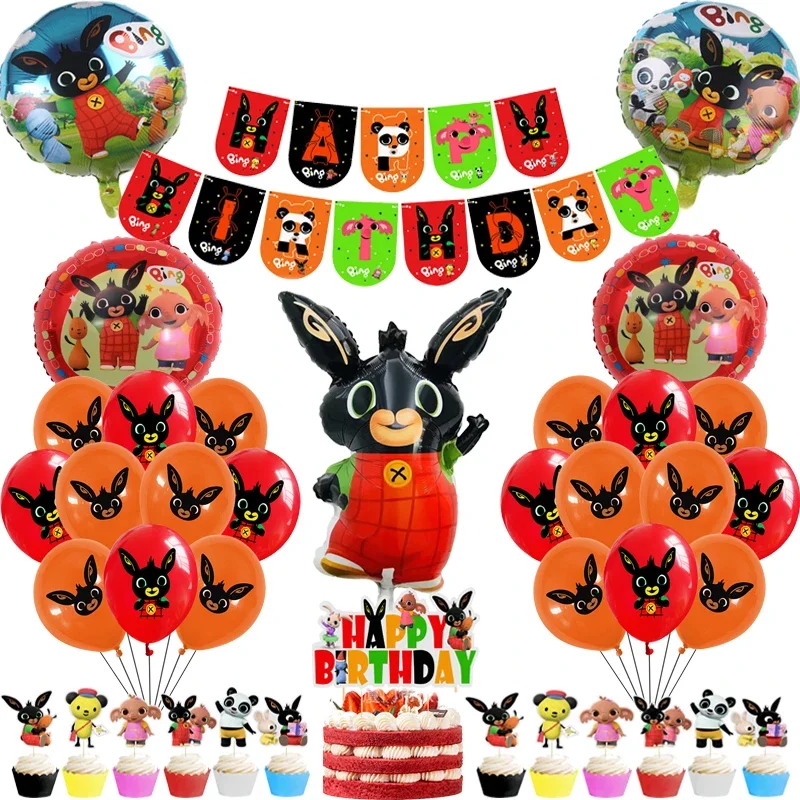 Cartoon Rabbits Balloons Red Black Bings Toys Happy Birthday Banner Cake Topper Kids Toy Birthday Party Decoration Supplies