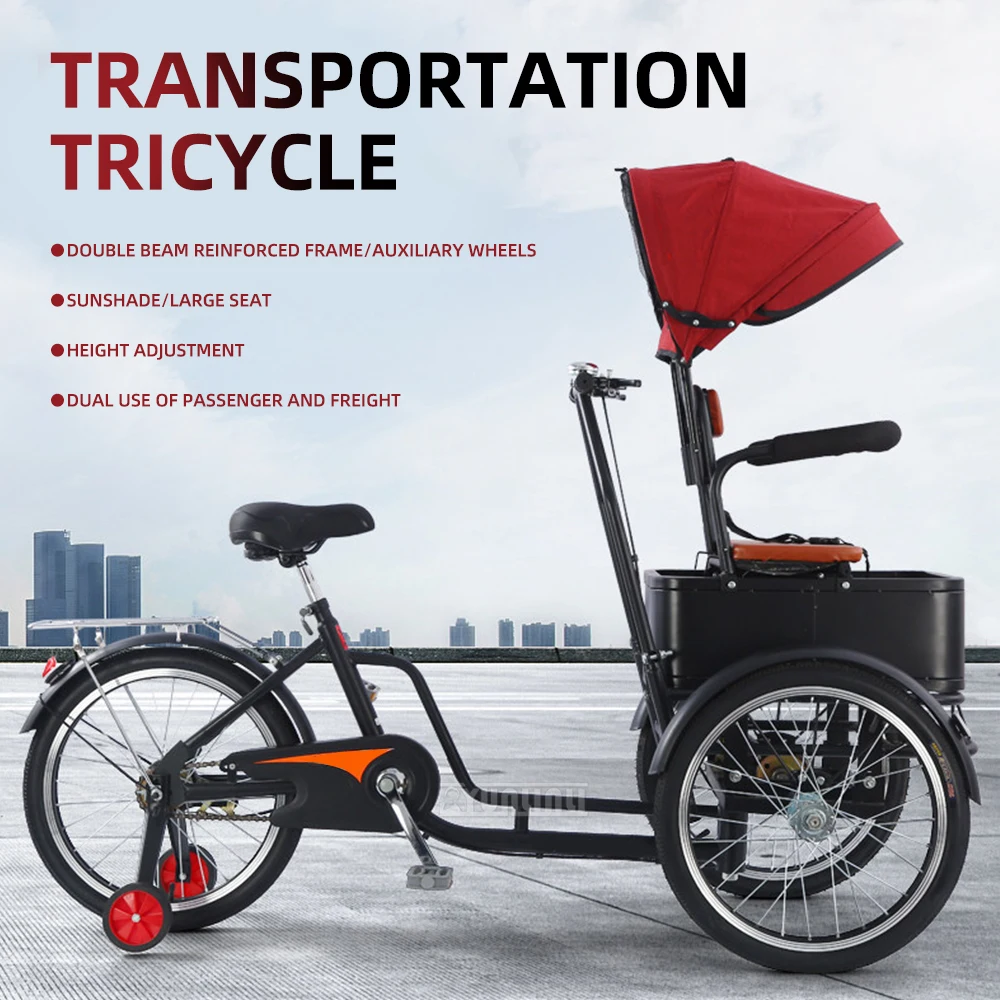 New family tricycle for Infants and toddlers outdoors,With auxiliary wheels ,Sunshade, Seatbelt Park camping bicycle