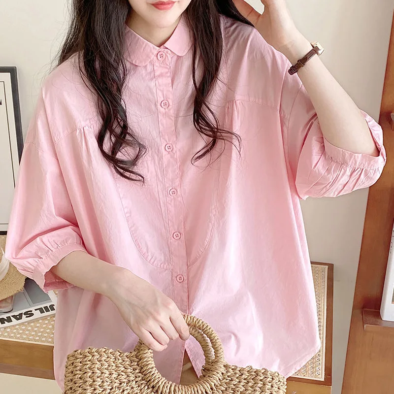 Summer New POLO Collar Solid Color Shirt Women High Street Casual Loose Button Three Quarter Cardigan Elegant Pure Cotton Tops