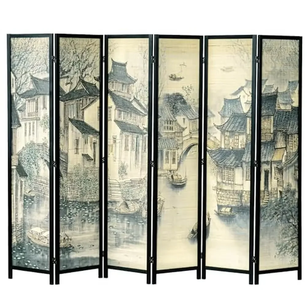 Large Foldable Bamboo Room Divider Privacy Partition Asian Water Village Print Serene Office Dorm Business Home Divider Solid