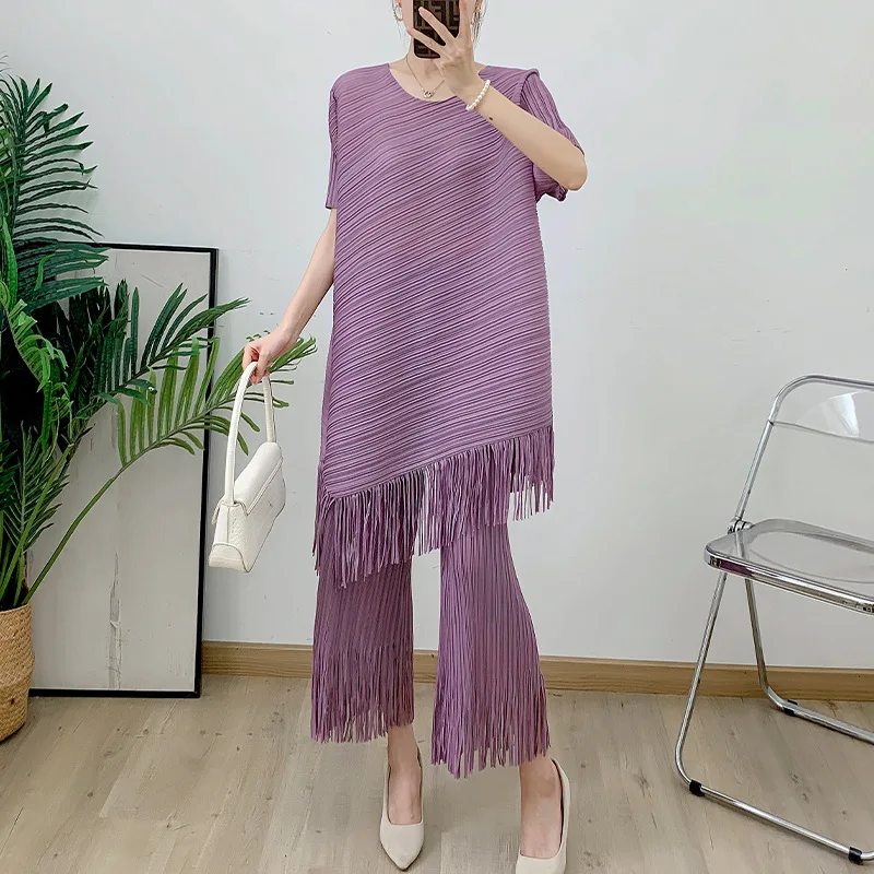 

Pleats Pleated Solid Color Fringe Short Sleeve T-shirt+casual Straight Pants Two-piece Set High Elastic Women Pleats Pants Suit