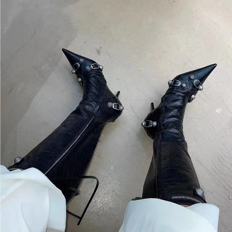 

Botas Mujer runway shoes woman real leather knee high boots women western boats fashion pointed toe heels cowboy boots women