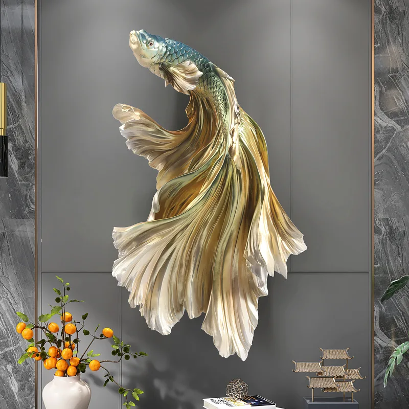 

Light luxury wall decoration fighting fish three-dimensional relief wall hanging creative living room background wall decoration