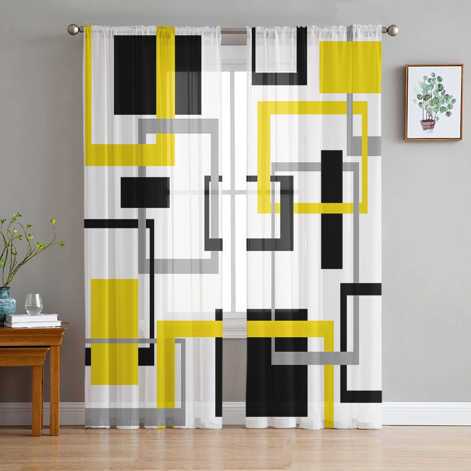 Abstract Geometric Black Yellow Tulle Sheer Curtain for Living Room Adults Bedroom Drapes Kitchen Voile Organza Decor Curtains