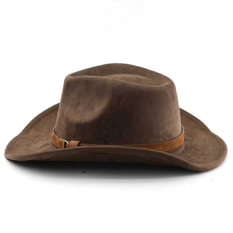 Ethnic Style Western Cowboy Hat Imitation Leather Velvet Jazz Hat Autumn And Winter Roll up Edge Fedora Hat