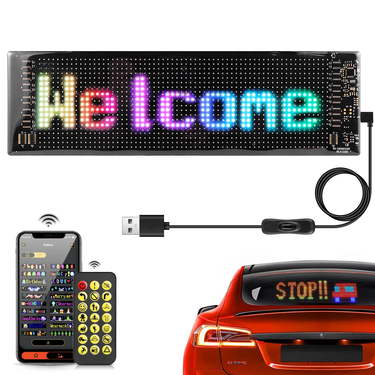 

USB Programmable LED Screen Night Lamp APP Control DIY Text Pattern Animation for Car Window, Store, Game LED Matrix Pixel Panel