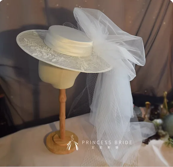 Princess bride elegant white lace gauze hat female veil jewelry studio photo sample location hair accessories