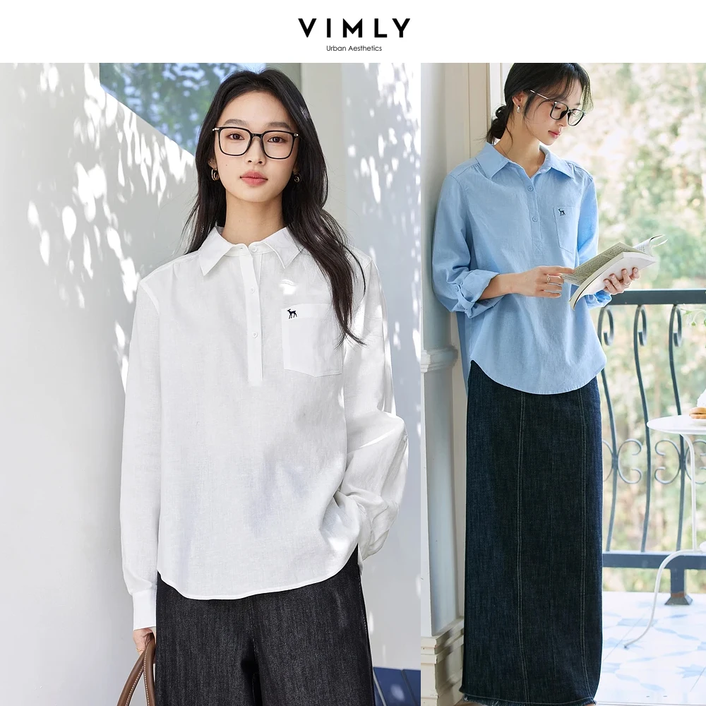 VIMLY White Long Sleeve Shirt Deer Embroidery Design Sense Women's Spring 2025 New Commuter Loose Top A0322
