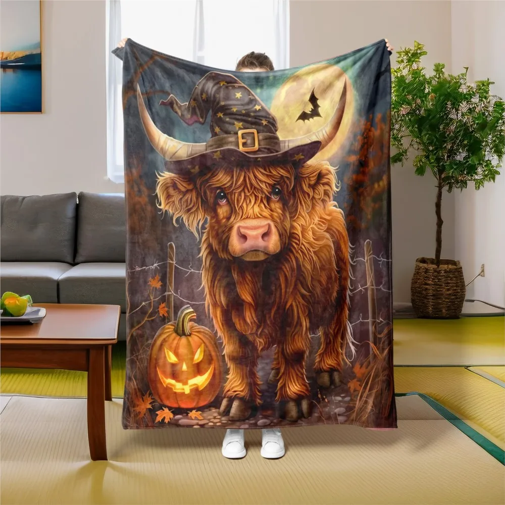 1PC Throw New Cute Highland cow Pumpkin Hats Blanket Halloween Thanksgiving day Gifts for Couch Bed Car Camping all season use