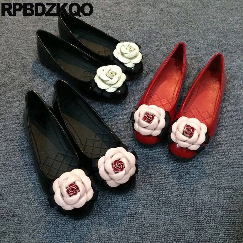 

Square Toe Chic Floral Bridesmaid Flower Slip On Flats Nice Large Size Women Sweet Shoes Elegant Patent Leather Famous Brand