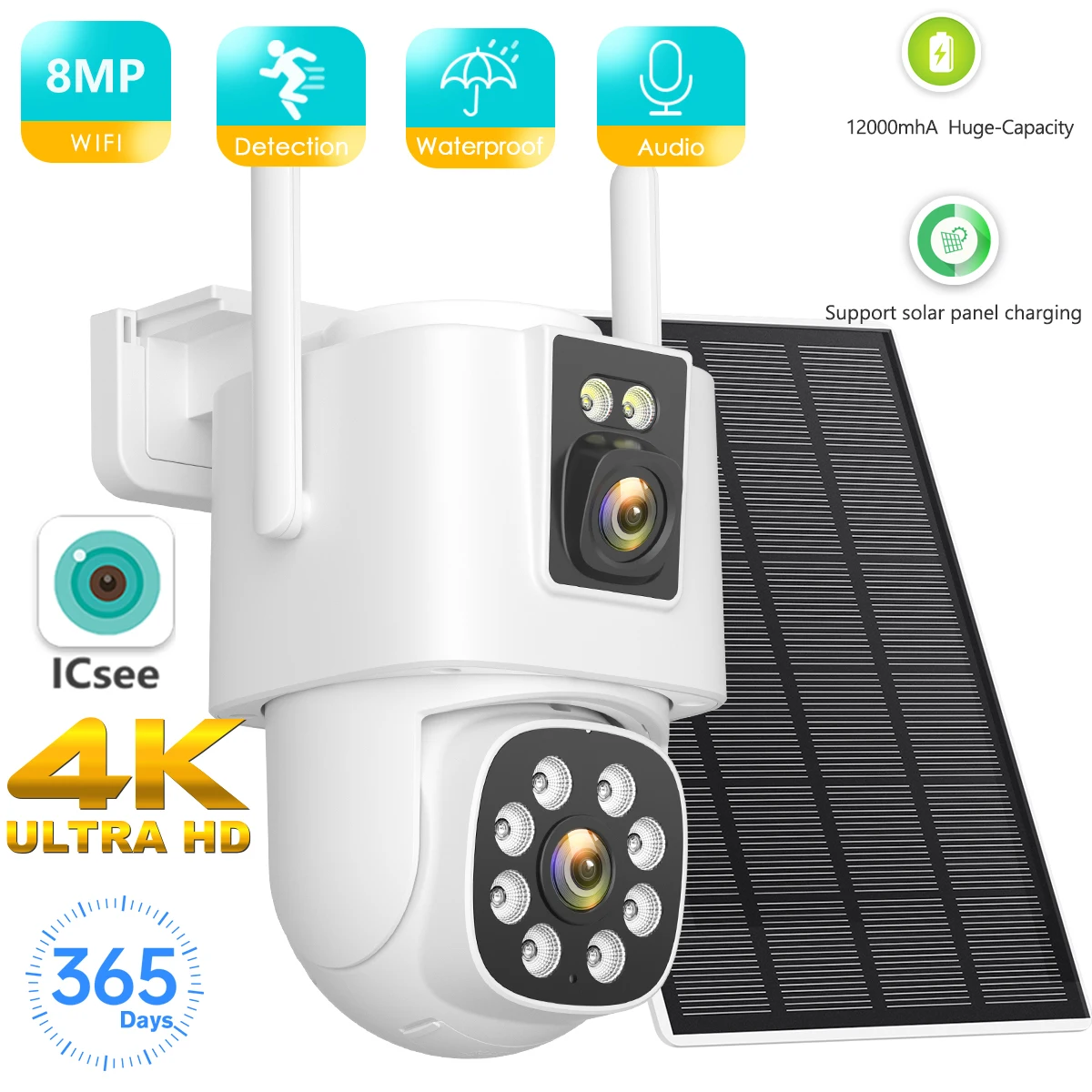 BESDER 8MP 4K Solar Wirelesss IP Camera With 12000 mAh Battery Outdoor HD 4MP Dual Lens WiFi IP Camara Solar Panel CCTV Security