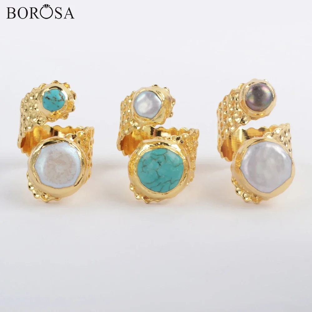 BOROSA Fashion Gild Natural White & Black Natural Pearl Wrap Ring Blue Howlite & White Pearl Bang Rings for Women Jewelry Gifts